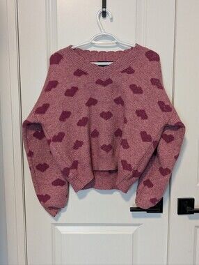Pink Heart Pattern Cropped V-Neck Sweater